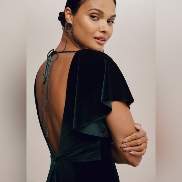 Jenny Yoo Ellis Flutter Sleeve Open Back Velvet Gown Size 8 Emerald Green Dress - Picture 3 of 16